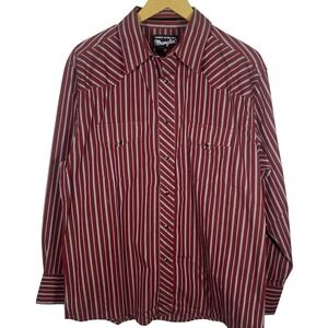 Wrangler Authentic Western Shirt Mens L Red Gray Stripe Pearl Snap Long Sleeve